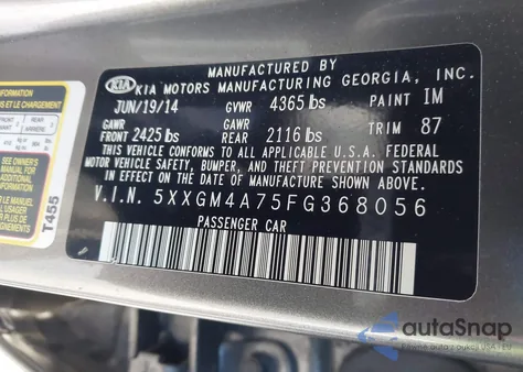 2015 Kia Optima Lx z USA, uszkodzony, nr VIN 5XXGM4A75FG368056